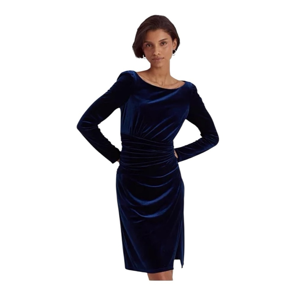 Lauren Ralph Lauren Velvet Ruched Boatneck Midi Dress Navy | NWT | Size 0 - Picture 4 of 7